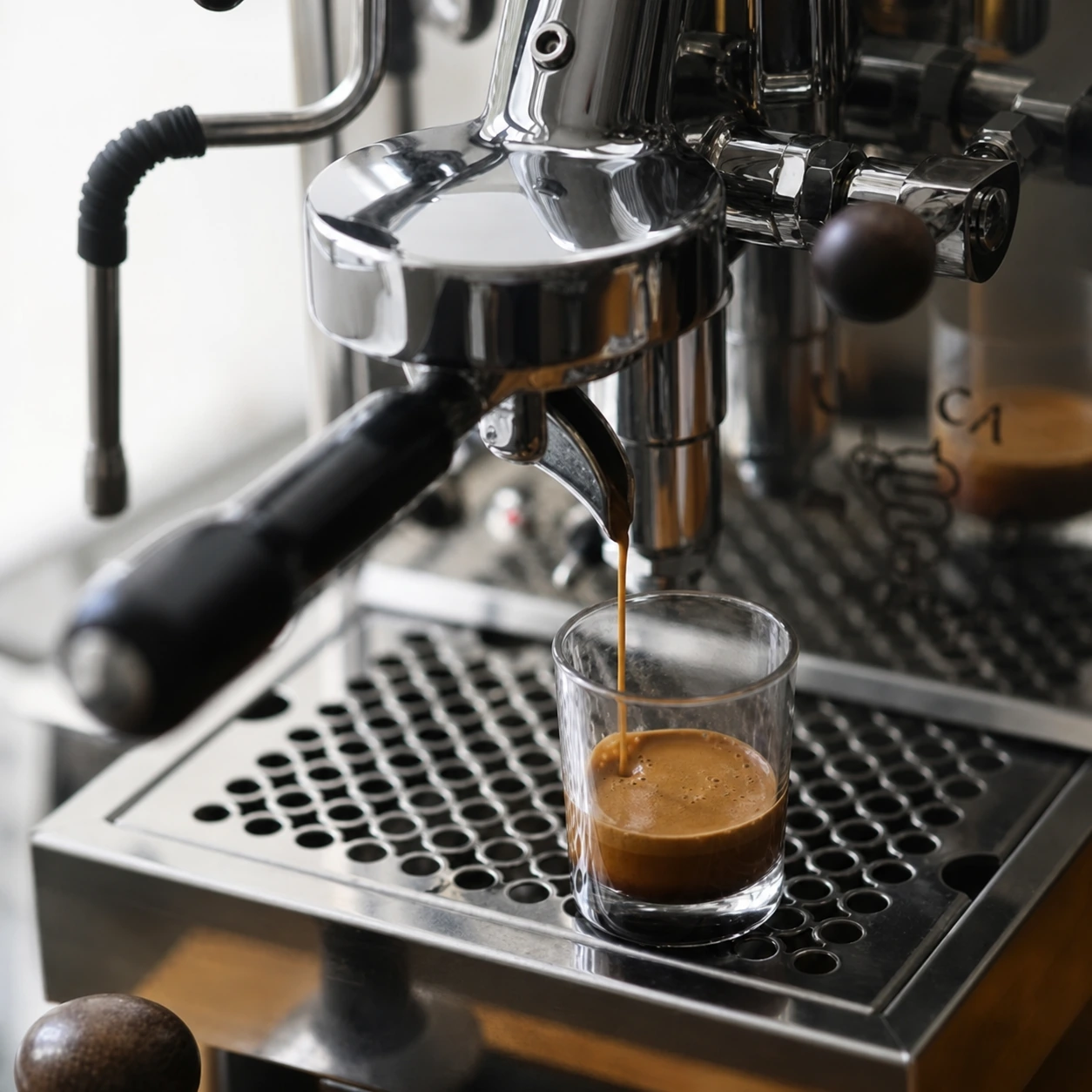 Espresso läuft aus einem Siebträger in ein Glas