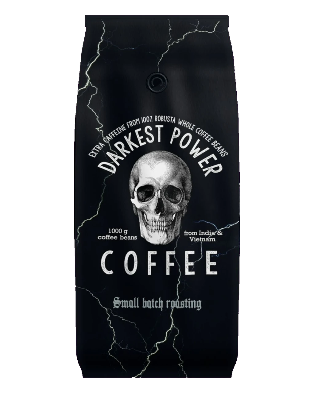 1-kg-Packung Darkest Power Coffee mit Totenkopf-Motiv