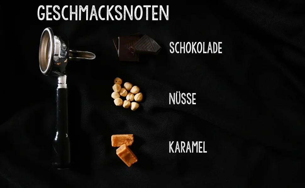 Geschmacksnoten von Darkest Power Coffee: Schokolade, Haselnüsse und Karamell neben einem Siebträger